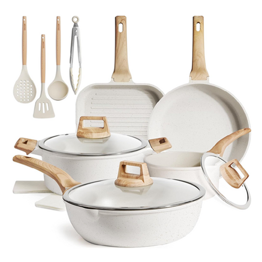 Kikcoin 16-Piece White Ceramic Cookware Set | Nonstick Pots & Pans