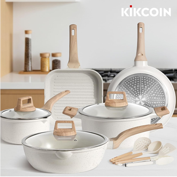 Kikcoin 16-Piece White Ceramic Cookware Set | Nonstick Pots & Pans