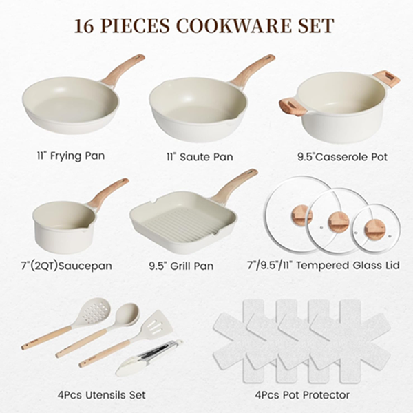 Kikcoin 16-Piece White Ceramic Cookware Set | Nonstick Pots & Pans
