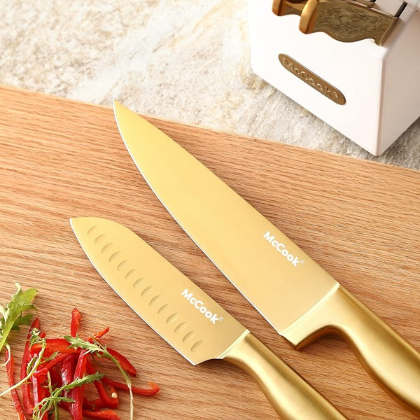 McCook® Kitchen Knife Sets, Golden Titanium Stainless Steel with Built-in Sharpener, 15 Piece Knives, Elegant Gold & Stylish Wooden Block