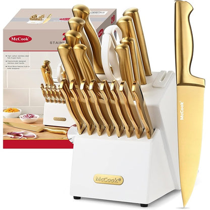 McCook® Kitchen Knife Sets, Golden Titanium Stainless Steel with Built-in Sharpener, 15 Piece Knives, Elegant Gold & Stylish Wooden Block