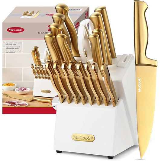 McCook® Kitchen Knife Sets, Golden Titanium Stainless Steel with Built-in Sharpener, 15 Piece Knives, Elegant Gold & Stylish Wooden Block
