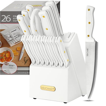 McCook® Knife Sets, White High Carbon Stainless Steel Kitchen Knife Sets with with Built-in Sharpener, 26-Piece Razor-Sharp Kitchen Knives