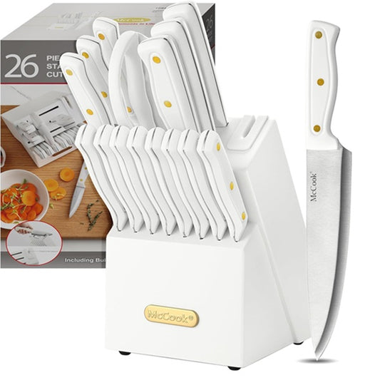McCook® Knife Sets, White High Carbon Stainless Steel Kitchen Knife Sets with with Built-in Sharpener, 26-Piece Razor-Sharp Kitchen Knives