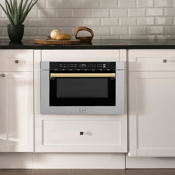 ZLINE Autograph Edition 24 in. 1.2 cu. ft. Built-in Microwave Drawer with a Traditional Handle in Satin Stainless Steel and Accents ( MWDZ-1-SS-H)
