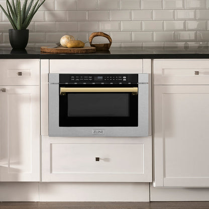 ZLINE Autograph Edition 24 in. 1.2 cu. ft. Built-in Microwave Drawer with a Traditional Handle in Satin Stainless Steel and Accents ( MWDZ-1-SS-H)