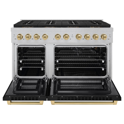 ZLINE Autograph Edition 48 in. 6.7 cu. ft. Paramount Dual Fuel Range with 8 Burner DuoPro™ Cooktop and Dual Ovens in Satin Stainless Steel with Black Matte Doors and Champagne Bronze Accents (PSDRSZ-BLM48-CB)
