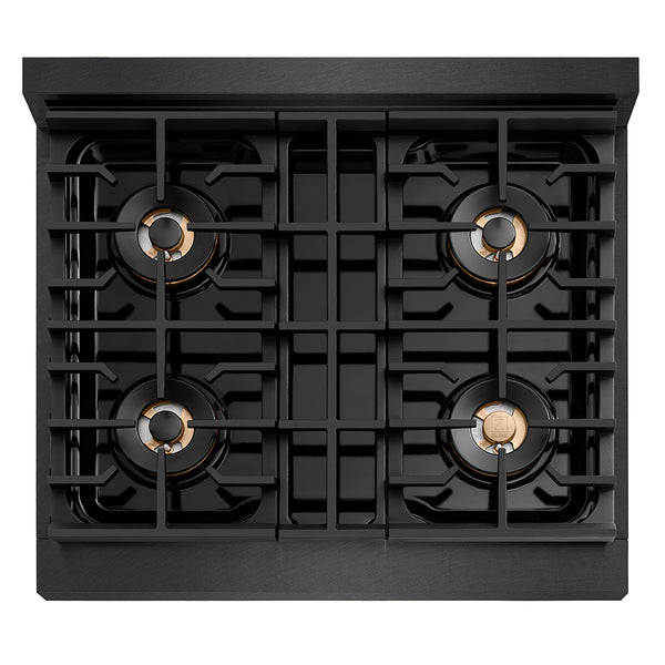ZLINE Autograph Edition 30 in. 4.2 cu. ft. Paramount Gas Range with 4 Burner DuoPro™ Cooktop and Convection Gas Oven in Black Satin Stainless Steel and Polished Gold Accents (PSGRBSZ-30-G)