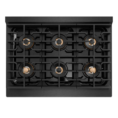 ZLINE Autograph Edition 36 in. 5.2 cu. ft. Paramount Gas Range with 6 Burner DuoPro™ Cooktop and Convection Gas Oven in Black Satin Stainless Steel and Polished Gold Accents (PSGRBSZ-36-G)