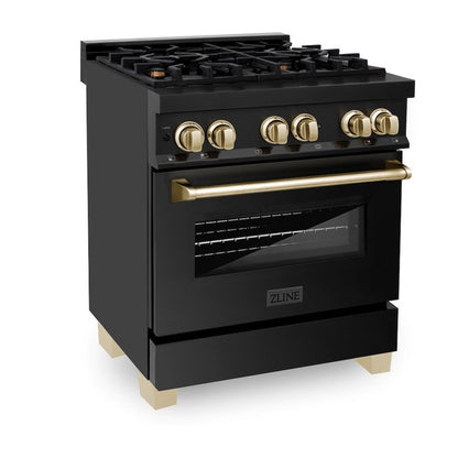 ZLINE 30" Autograph Edition Kitchen Package with Black Stainless Steel Dual Fuel Range, Range Hood, Dishwasher and Refrigeration with Polished Gold Accents (4AKPR-RABRHDWV30-G)