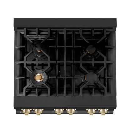 ZLINE Autograph Edition 30 in. 4.0 cu. ft. Legacy Dual Fuel Range with 4 Burner Gas Cooktop and Electric Convection Oven in Black Stainless Steel and Polished Gold Accents (RABZ-30-G)