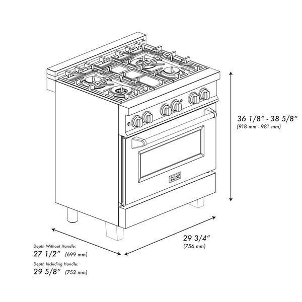 ZLINE Autograph Edition 30 in. 4.0 cu. ft. Legacy Dual Fuel Range with 4 Burner Gas Cooktop and Electric Convection Oven in Black Stainless Steel and Polished Gold Accents (RABZ-30-G)