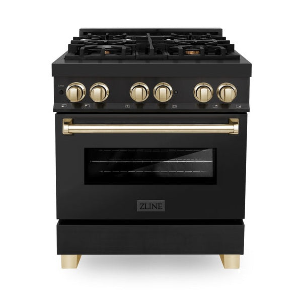 ZLINE Autograph Edition 30 in. 4.0 cu. ft. Legacy Dual Fuel Range with 4 Burner Gas Cooktop and Electric Convection Oven in Black Stainless Steel and Polished Gold Accents (RABZ-30-G)