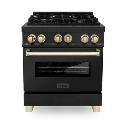 ZLINE Autograph Edition 30 in. 4.0 cu. ft. Legacy Dual Fuel Range with 4 Burner Gas Cooktop and Electric Convection Oven in Black Stainless Steel and Polished Gold Accents (RABZ-30-G)