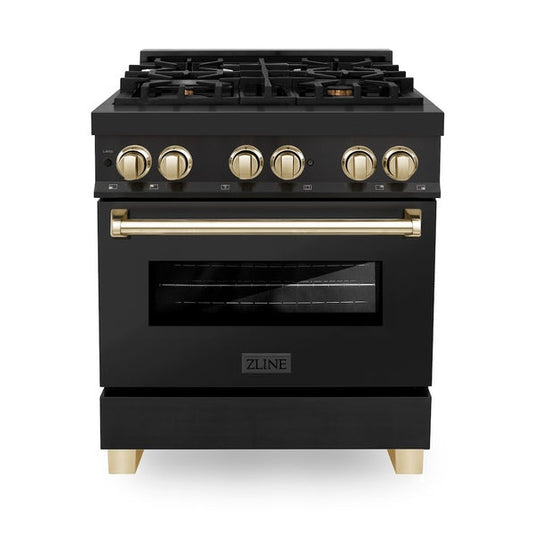 ZLINE Autograph Edition 30 in. 4.0 cu. ft. Legacy Dual Fuel Range with 4 Burner Gas Cooktop and Electric Convection Oven in Black Stainless Steel and Polished Gold Accents (RABZ-30-G)