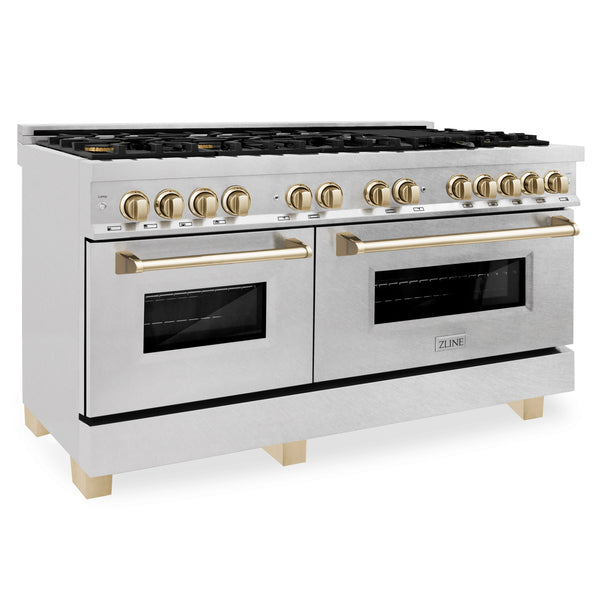 ZLINE Autograph Edition 60 in. 7.4 cu. ft. Legacy Dual Fuel Range with 9 Burner Gas Cooktop and 2 Electric Convection Ovens in Satin Stainless Steel and Accents (RASZ-SN-60-G/CB)