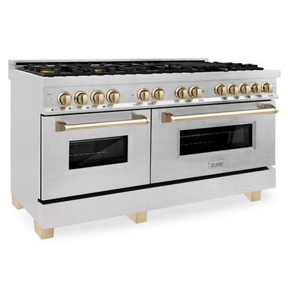 ZLINE Autograph Edition 60 in. 7.4 cu. ft. Legacy Dual Fuel Range with 9 Burner Gas Cooktop and 2 Electric Convection Ovens in Satin Stainless Steel and Accents (RASZ-SN-60-G/CB)