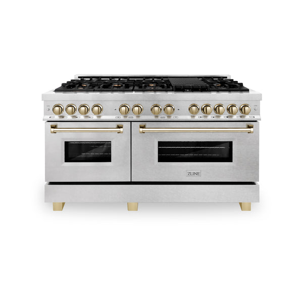 ZLINE Autograph Edition 60 in. 7.4 cu. ft. Legacy Dual Fuel Range with 9 Burner Gas Cooktop and 2 Electric Convection Ovens in Satin Stainless Steel and Accents (RASZ-SN-60-G/CB)