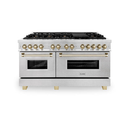 ZLINE Autograph Edition 60 in. 7.4 cu. ft. Legacy Dual Fuel Range with 9 Burner Gas Cooktop and 2 Electric Convection Ovens in Satin Stainless Steel and Accents (RASZ-SN-60-G/CB)