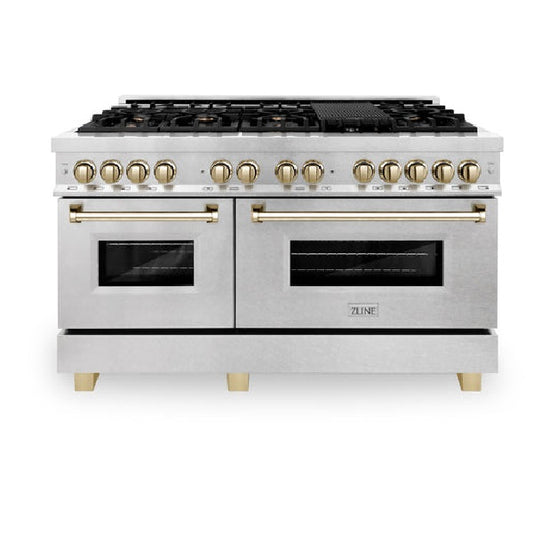 ZLINE Autograph Edition 60 in. 7.4 cu. ft. Legacy Dual Fuel Range with 9 Burner Gas Cooktop and 2 Electric Convection Ovens in Satin Stainless Steel and Accents (RASZ-SN-60-G/CB)