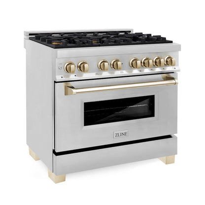 ZLINE Autograph Edition 36 in. 4.6 cu. ft. Legacy Dual Fuel Range with 6 Burner Gas Cooktop and Electric Convection Oven in Stainless Steel and Polished Gold Accents (RAZ-36-G)