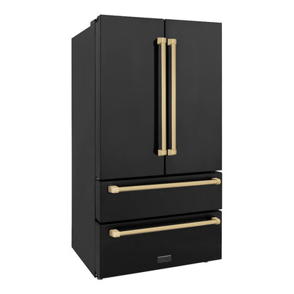 ZLINE Autograph Edition 36 in. 22.5 cu. ft. Counter-Depth French Door Refrigerator with Ice Maker in Fingerprint-Resistant Black Stainless Steel and Champagne Bronze Traditional Handles (RFMZ-36-BS-CB)