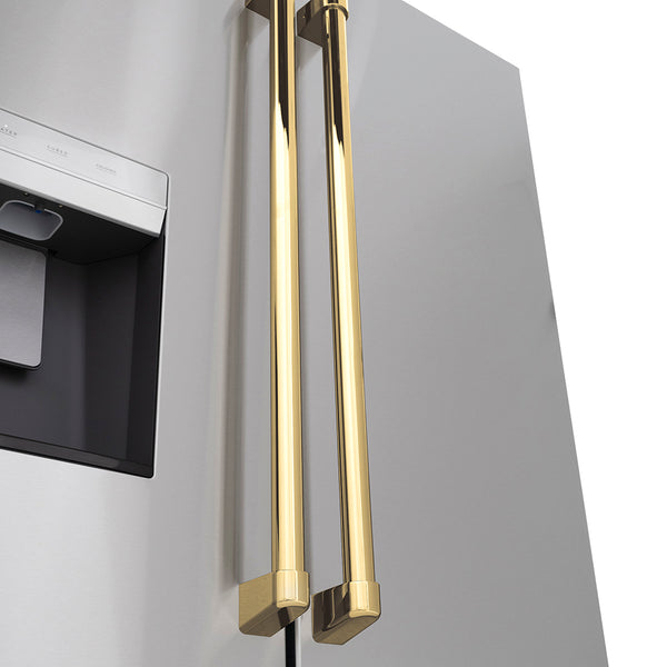 ZLINE Autograph Edition 36 in. 28.9 cu. ft. Standard-Depth French Door External Water Dispenser Refrigerator with Dual Ice Maker in Fingerprint-Resistant Stainless Steel and Polished Gold Traditional Handles (RSMZ-W-36-G)