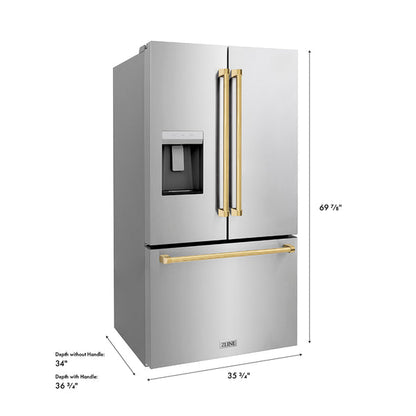 ZLINE Autograph Edition 36 in. 28.9 cu. ft. Standard-Depth French Door External Water Dispenser Refrigerator with Dual Ice Maker in Fingerprint-Resistant Stainless Steel and Polished Gold Traditional Handles (RSMZ-W-36-G)