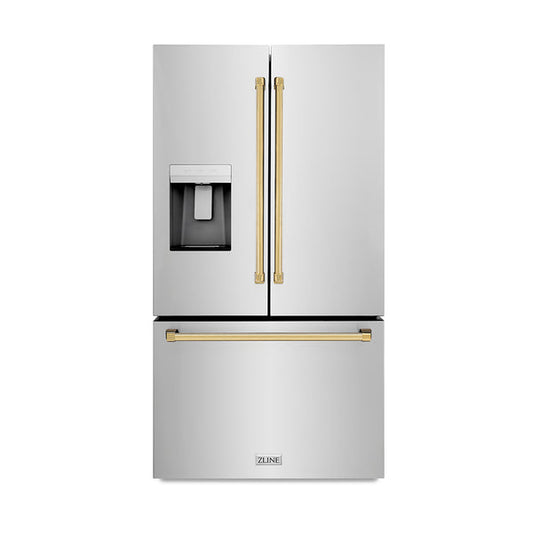 ZLINE Autograph Edition 36 in. 28.9 cu. ft. Standard-Depth French Door External Water Dispenser Refrigerator with Dual Ice Maker in Fingerprint-Resistant Stainless Steel and Polished Gold Traditional Handles (RSMZ-W-36-G)