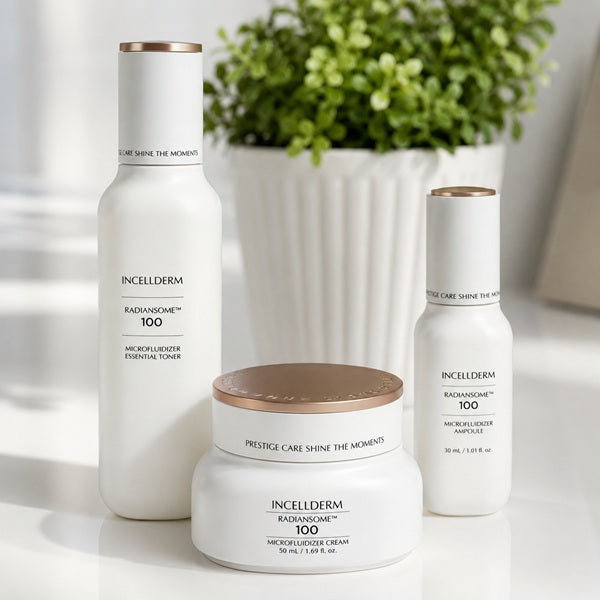 INCELLDERM Radiansome™ 100 Microfluidizer Skincare Set | Toner + Ampoule + Cream | Korean Brightening & Anti-Aging Skincare (3-Piece Set)