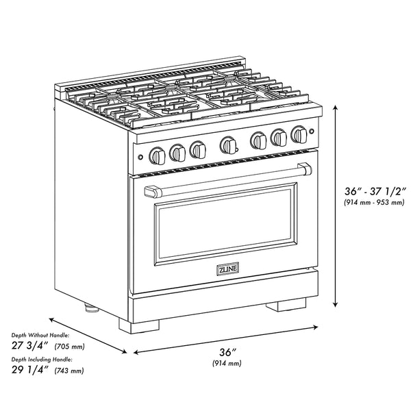 ZLINE 36 in. 5.2 cu. ft. Paramount Gas Range with 6 Burner Cooktop and Convection Gas Oven in Black Satin Stainless Steel (SGRBS-36)
