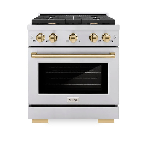 ZLINE Autograph Edition 30 in. 4.2 cu. ft. Paramount Gas Range with 4 Burner Cooktop and Convection Gas Oven Polished Gold Accents (SGRZ)