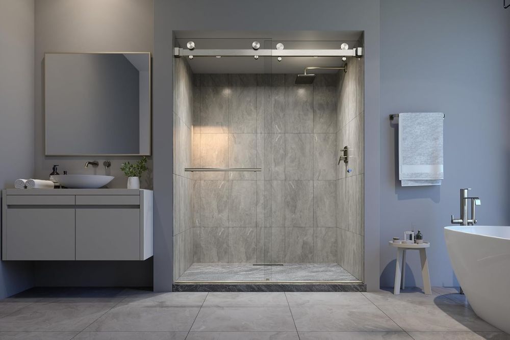VITRA-200 56.5-59" W x 78" H Frameless Shower Door, Double Sliding with 3/8" Clear Tempered Glass (Brushed Nickel)