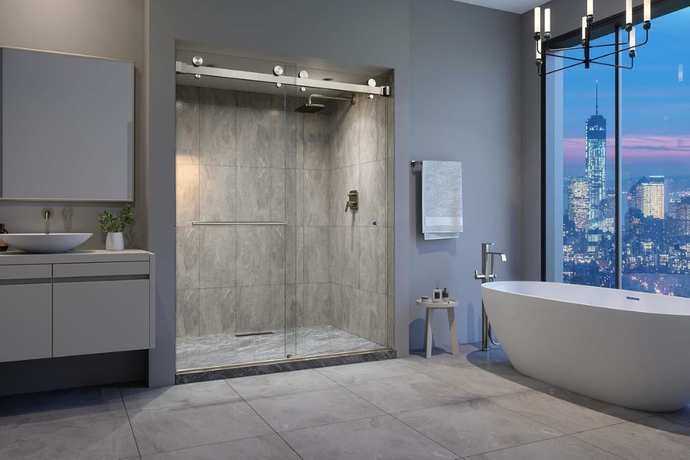 VITRA-200 56.5-59" W x 78" H Frameless Shower Door, Double Sliding with 3/8" Clear Tempered Glass (Brushed Nickel)