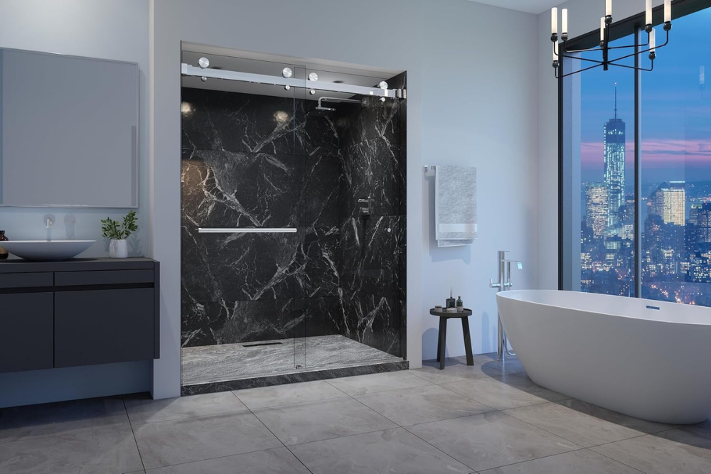 VITRA-200 56.5-59" W x 78" H Twinglide Frameless Shower Door w/ 3/8" Clear Tempered Glass (Chrome)