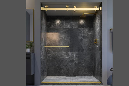 VITRA-200X 56.5-60" W x 78" High 3/8" Twinglide Frameless Shower Door with (10mm) Clear Tempered Glass (Satin Brass - Towel BAR & KNOB)