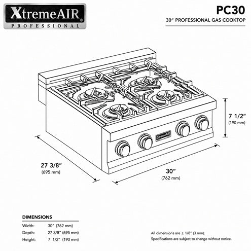 XTA-PC30, 30" PROFESSIONAL GAS COOKTOP