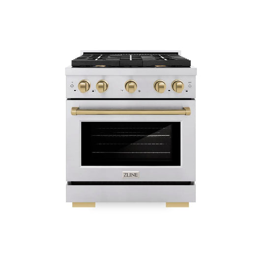 ZLINE Autograph Edition 30 in. 4.2 cu. ft. Paramount Induction Range with 4 Element Cooktop and Electric Convection Oven in Satin Stainless Steel with Champagne Bronze Accents