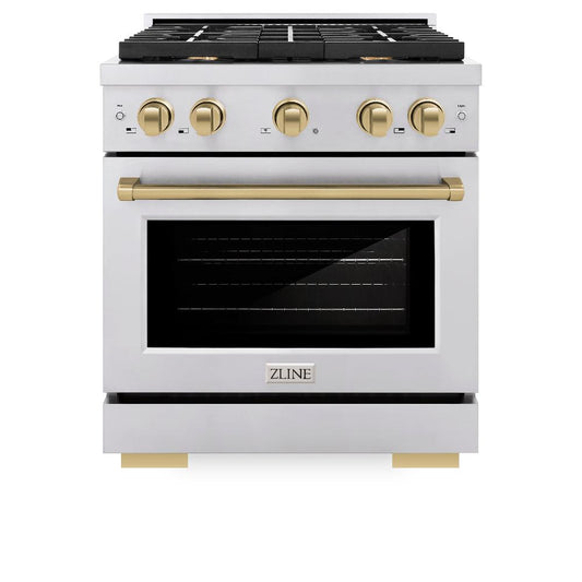 ZLINE Autograph Edition 30 in. 4.2 cu. ft. Paramount Gas Range with 4 Burner Cooktop and Convection Gas Oven in Stainless Steel and Polished Gold Accents