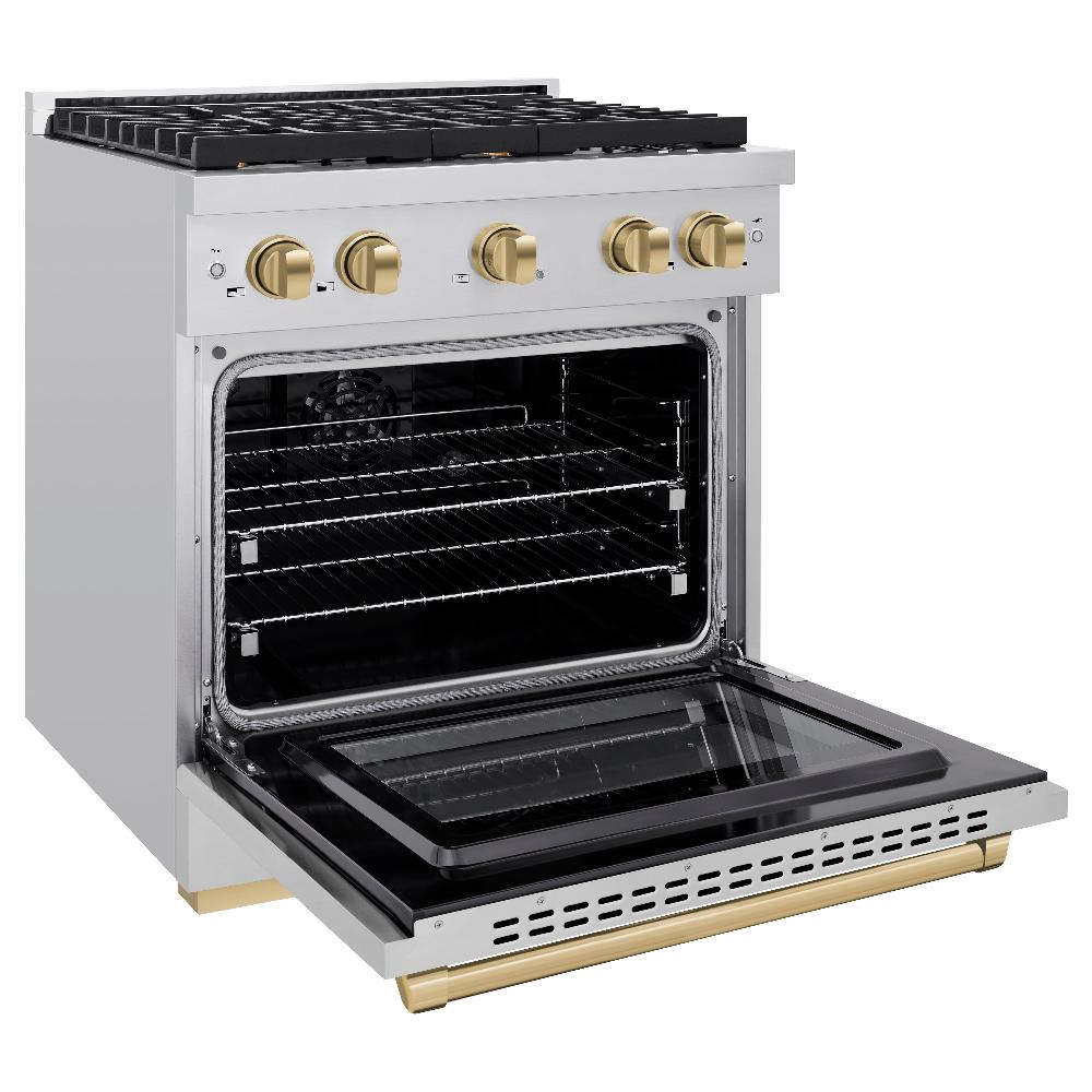 ZLINE Autograph Edition 30 in. 4.2 cu. ft. Paramount Gas Range with 4 Burner Cooktop and Convection Gas Oven in Stainless Steel and Polished Gold Accents