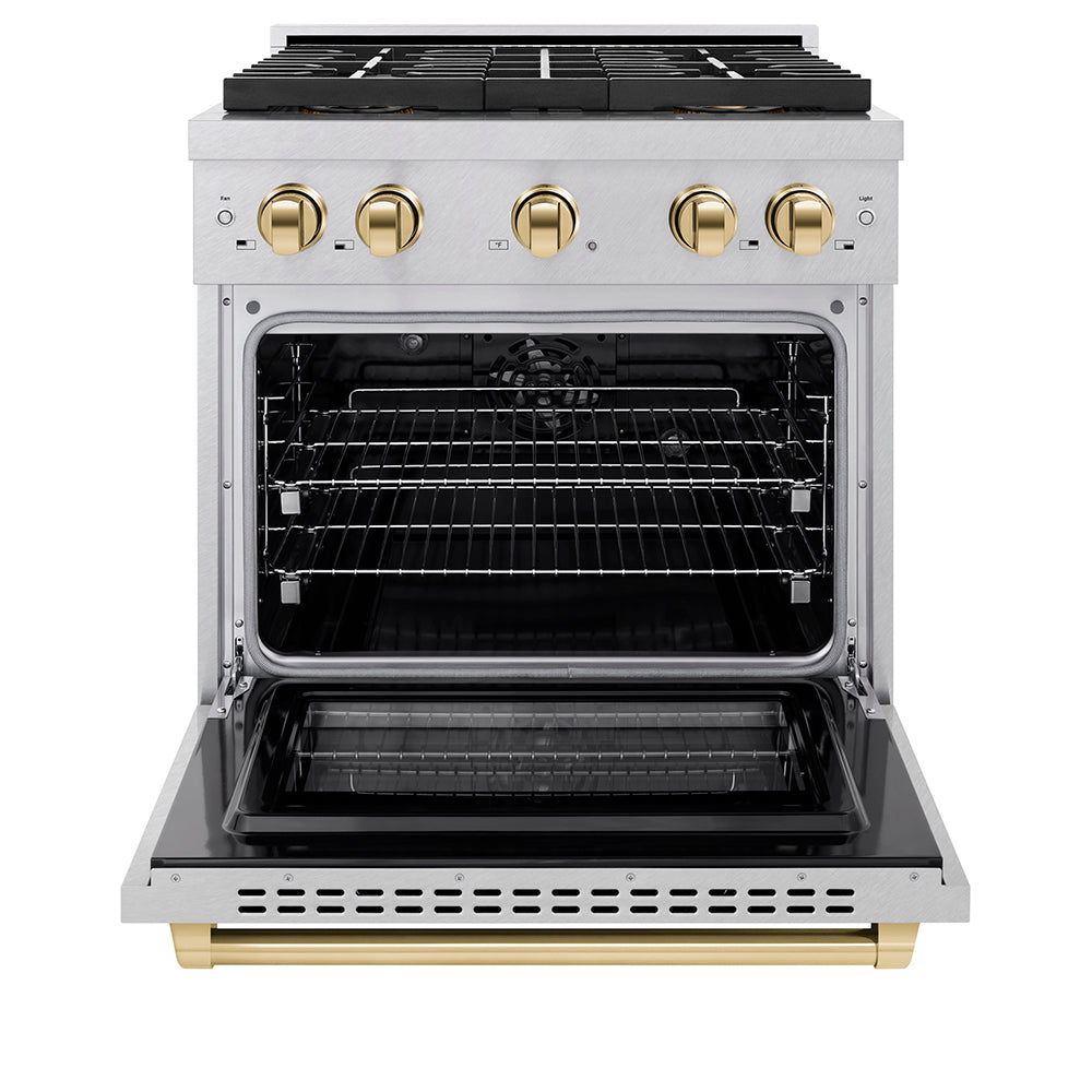 ZLINE Autograph Edition 30 in. 4.2 cu. ft. Paramount Gas Range with 4 Burner Cooktop and Convection Gas Oven in Stainless Steel and Polished Gold Accents