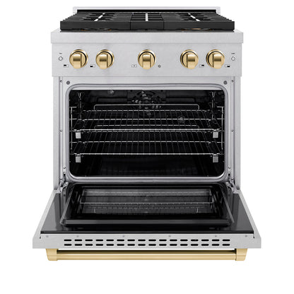 ZLINE Autograph Edition 30 in. 4.2 cu. ft. Paramount Gas Range with 4 Burner Cooktop and Convection Gas Oven in Stainless Steel and Polished Gold Accents