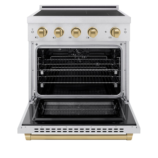ZLINE Autograph Edition 30 in. 4.2 cu. ft. Paramount Induction Range with 4 Element Cooktop and Electric Convection Oven in Satin Stainless Steel with Champagne Bronze Accents (SINRSZ-30-CB)